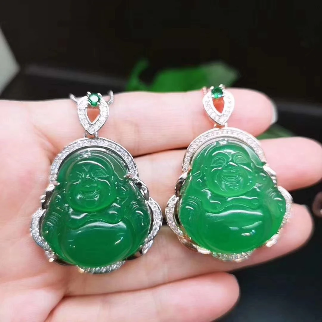 

Natural Buddha green jade pendant with 925 sterling silver rose gold pendants necklaces add chain jade jewelry jade necklace