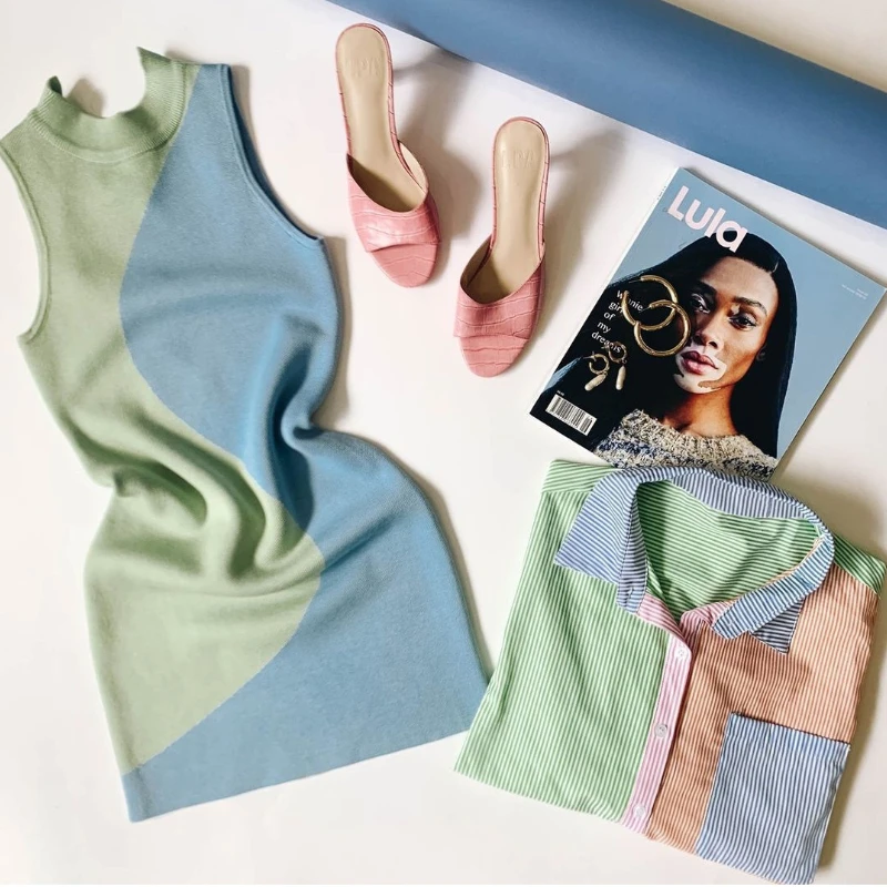 

2021 Summer New Y2K Knit Bodycon Dress Women Sleeveless Beach Turtleneck Print Patchwork Sexy Party Mini Dresses 90S Clothes