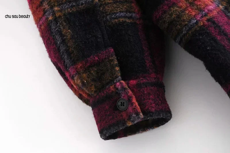 

Women 2021 Fashion Oversized Check Wool Jacket Coat Vintage Long Sleeve Pockets Female Outerwear Chic Overshirt C172