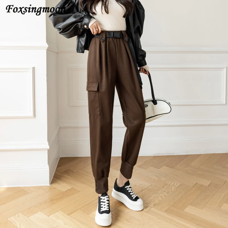 

Брюки женские шерстяные с высокой талией, повседневные штаны-султанки свободного покроя, однотонные брюки-султанки с тонкими штанинами, че...