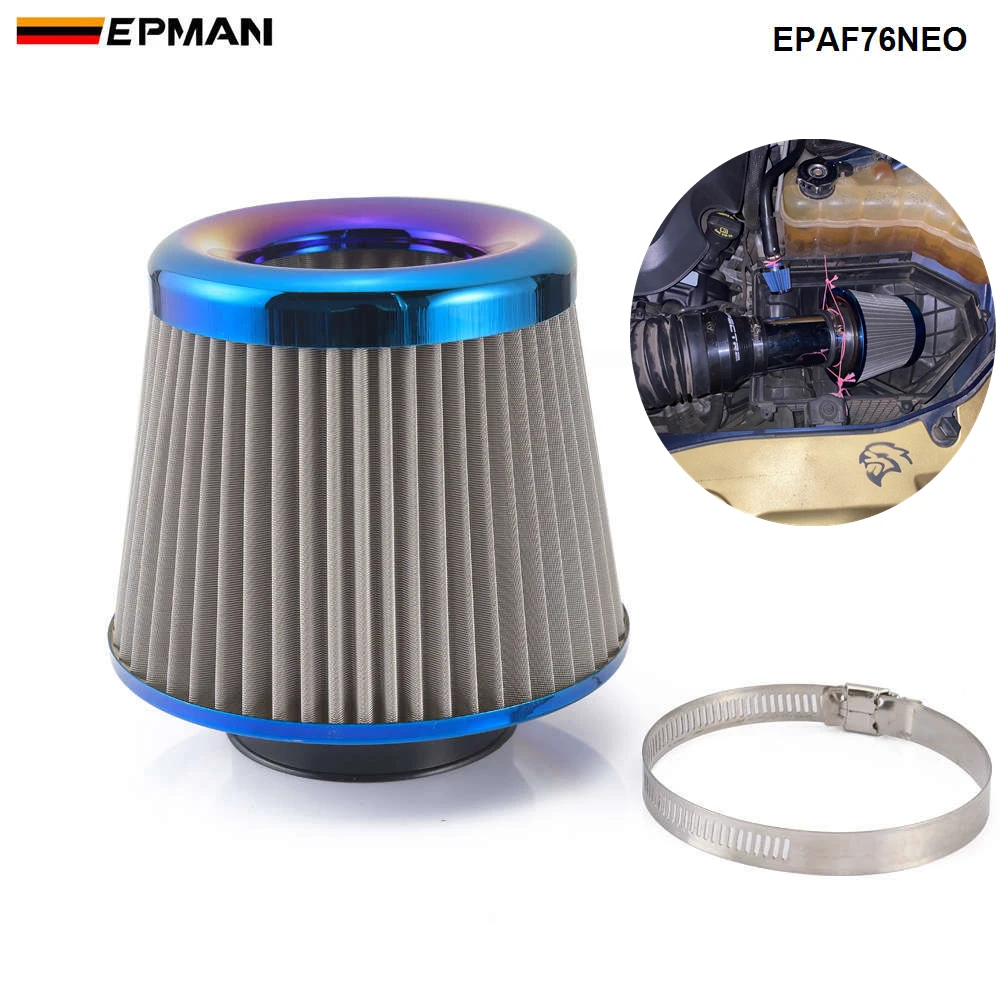 

EPMAN Stainless Steel Engine Air Filter 3" Round Tapered Universal Cold Air Intake Cone Filter Burnt Blue EPAF76NEO