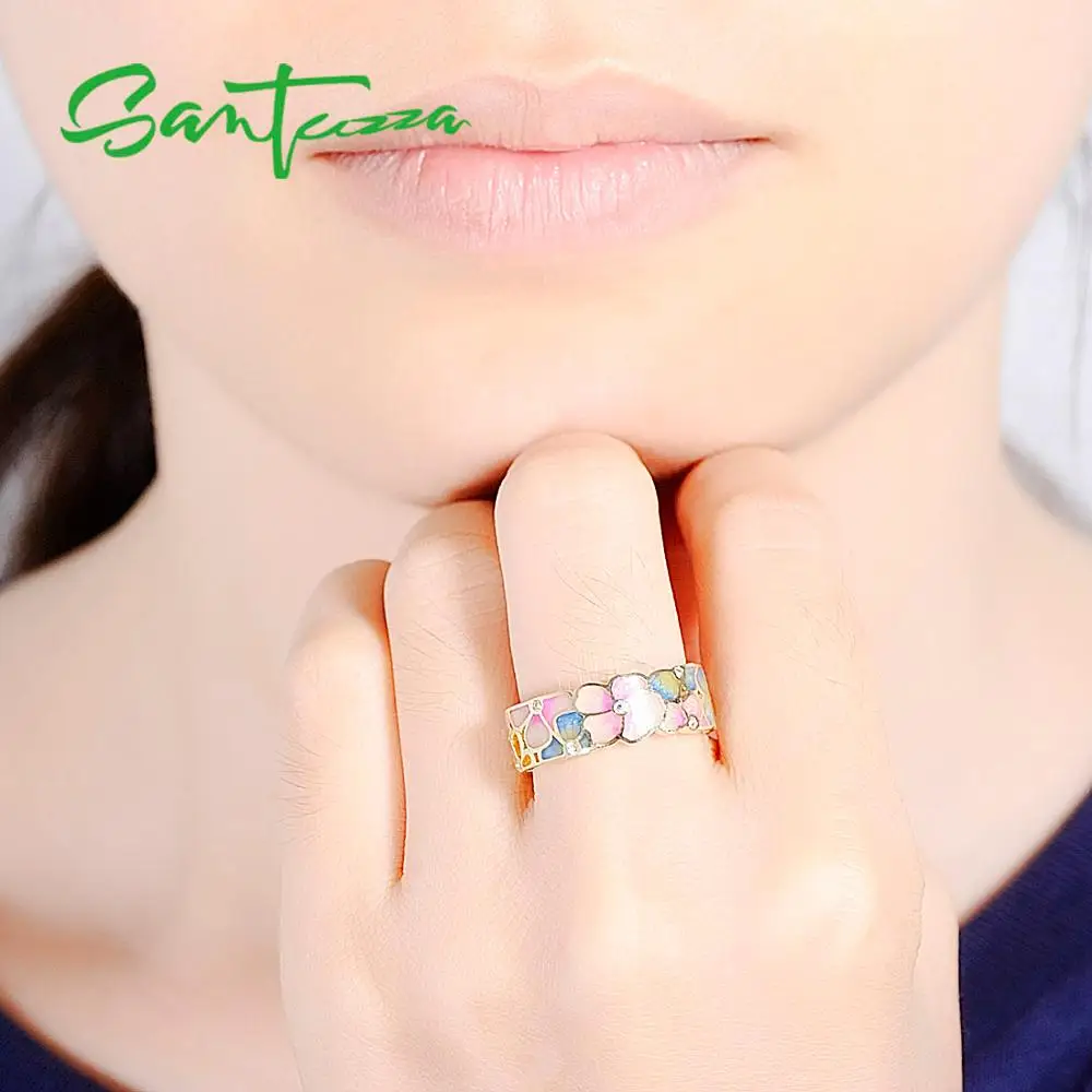 SANTUZZA, серебряное кольцо для женщин, 925 пробы, серебряные, модные кольца для женщин, золотой цвет, кубический цирконий, кольца, вечерние ювелирные изделия, эмаль