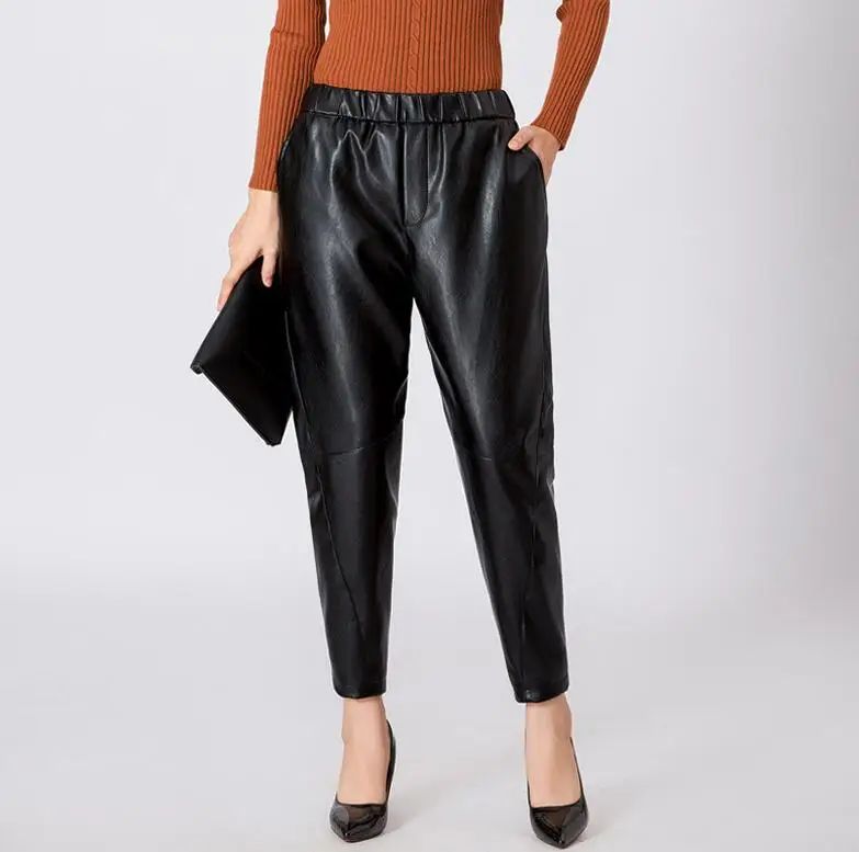 female casual leather trousers womens thermal thicken pants warm winter black Plus velvet autumn B416 | Женская одежда