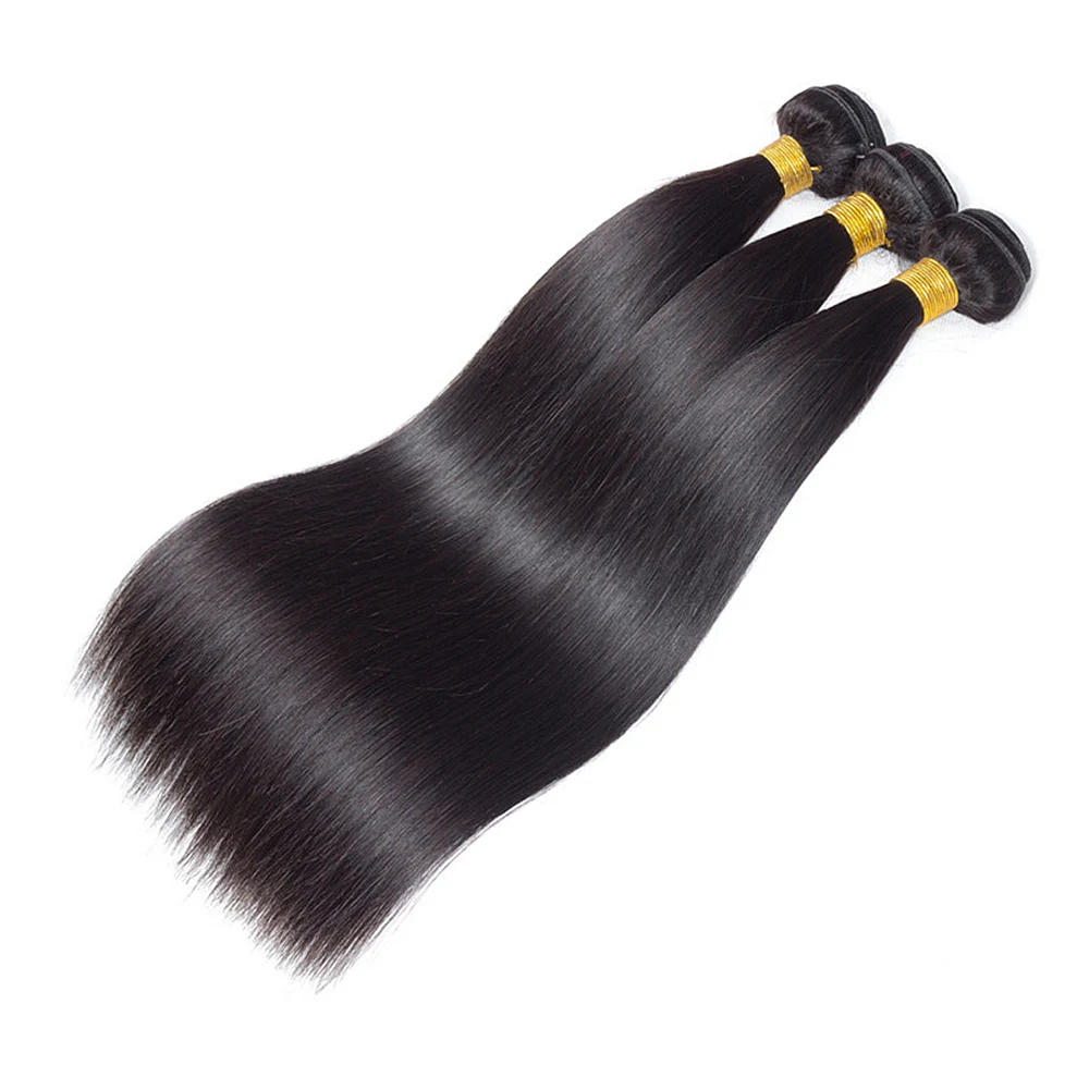 Straight Human Hair Bundles With Closure Brazilian 3 150% Density 4x4 Lace Wig Natural Black |