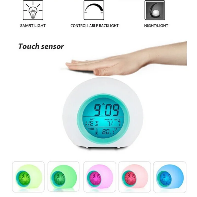 

Round 7 Colors LED Alarm Clock Children Study Thermometer Calendar Ball Night Light Alarm Clock Multifunction Snooze Table Clock