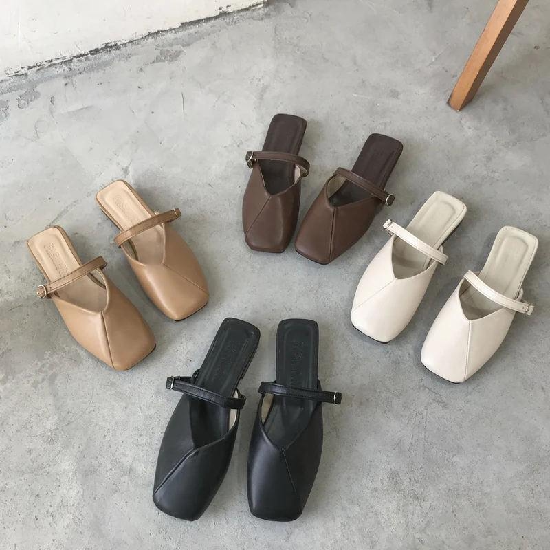 

Female Shoes Cover Toe Loafers Mules For Women 2021 Square heel Slippers Soft Slides Shallow Fashion Low New Block Comfort