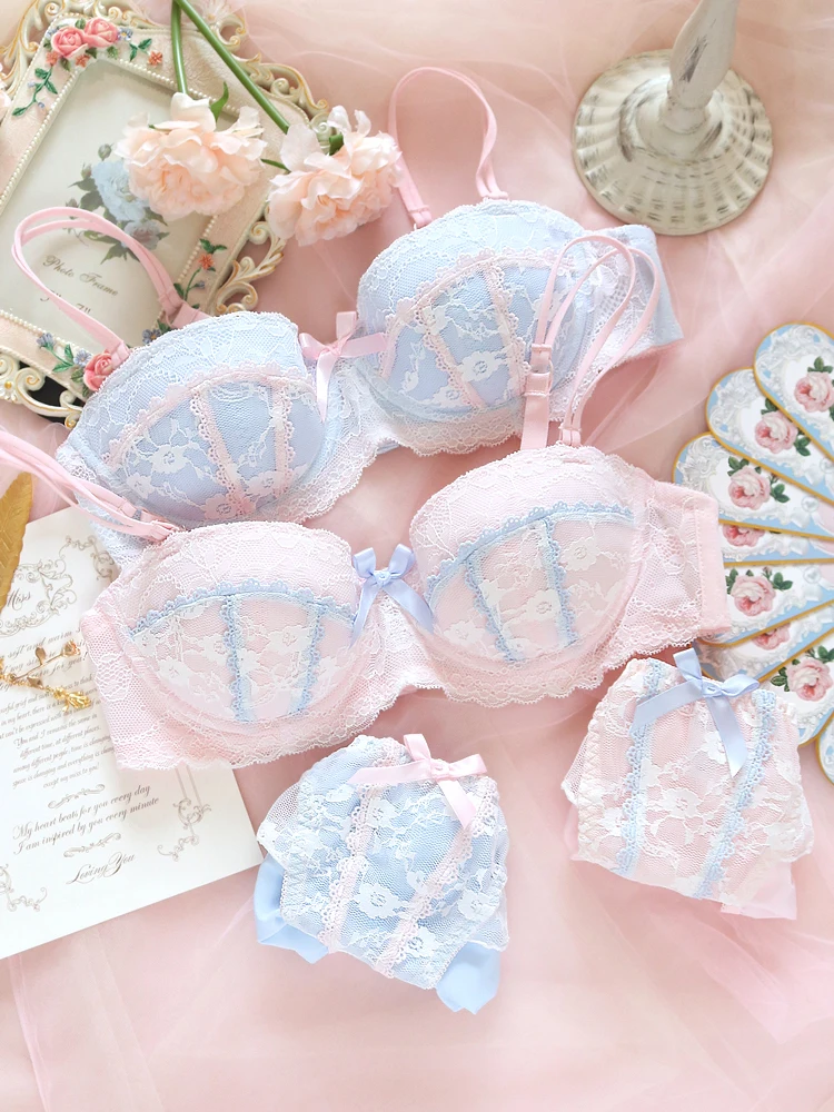 Japanese Underwear Sweet Cute Bowknot Lace Trim Teen Girl Small Fresh Steel Ring Gather Sexy Thin Bra Set Women