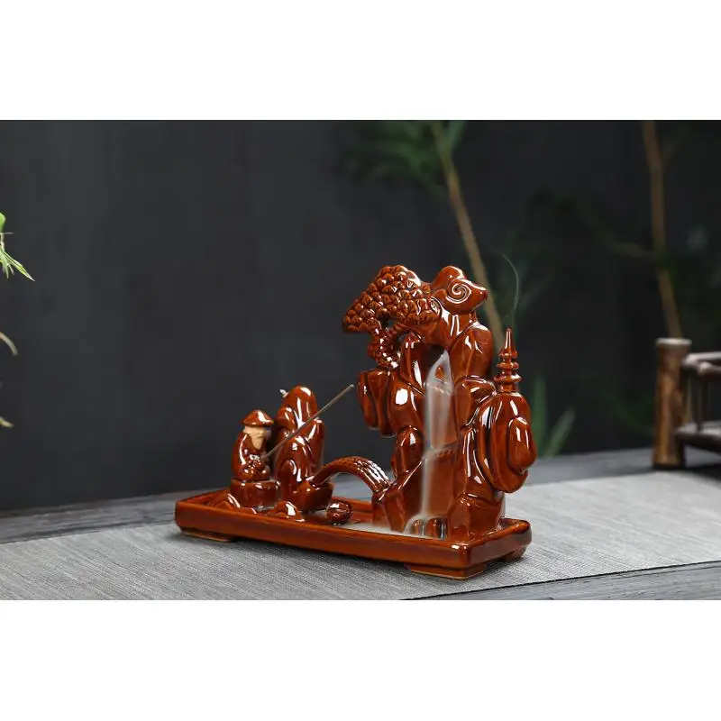 

Mountain Shape Backflow Incense Burner Smoke Waterfall Incense Stick Holder Old Man Go Fishing Meditation Ceramics Censer Decor
