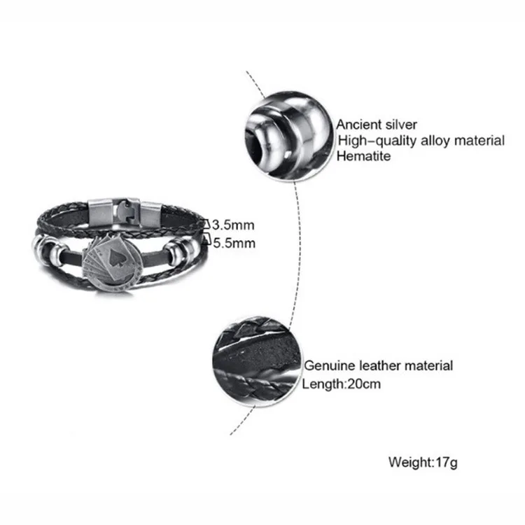 Винтажный Мужской кожаный браслет на удачу очаровательный с игральными картами