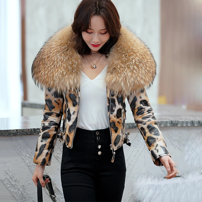 Женская Короткая кожаная куртка пальто из натуральной овечьей кожи леопардового