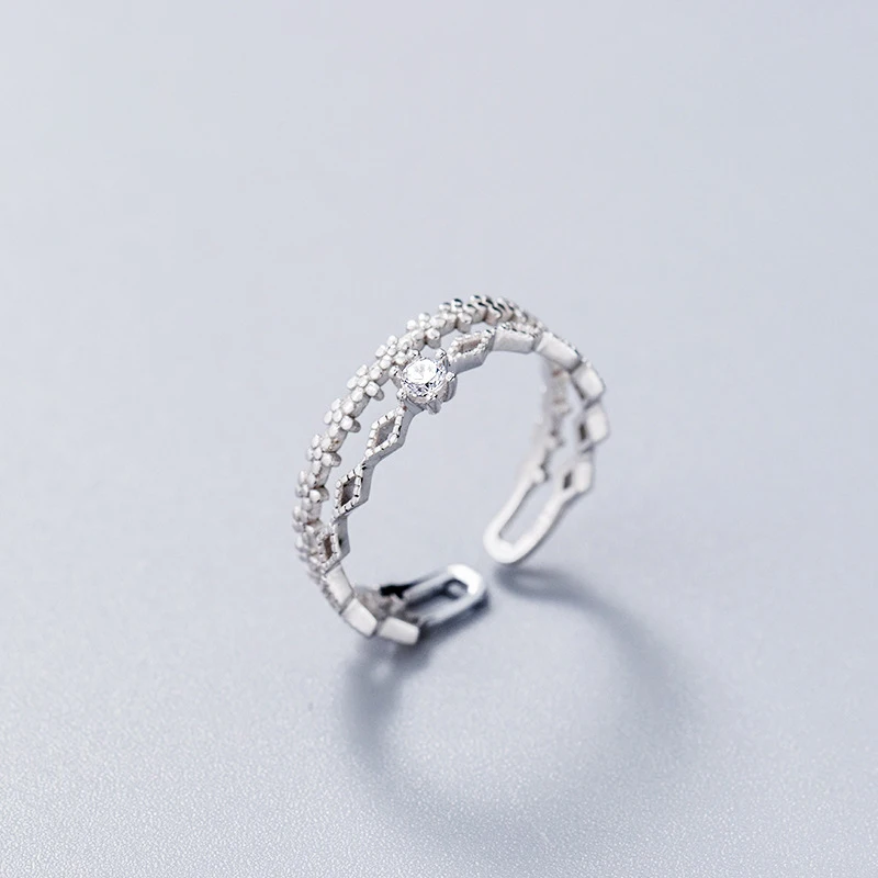 

925 Silver Ring Female Korean Version Small Fresh Single Diamond Lace Double Layer Sweet Woman Adjustable Ring