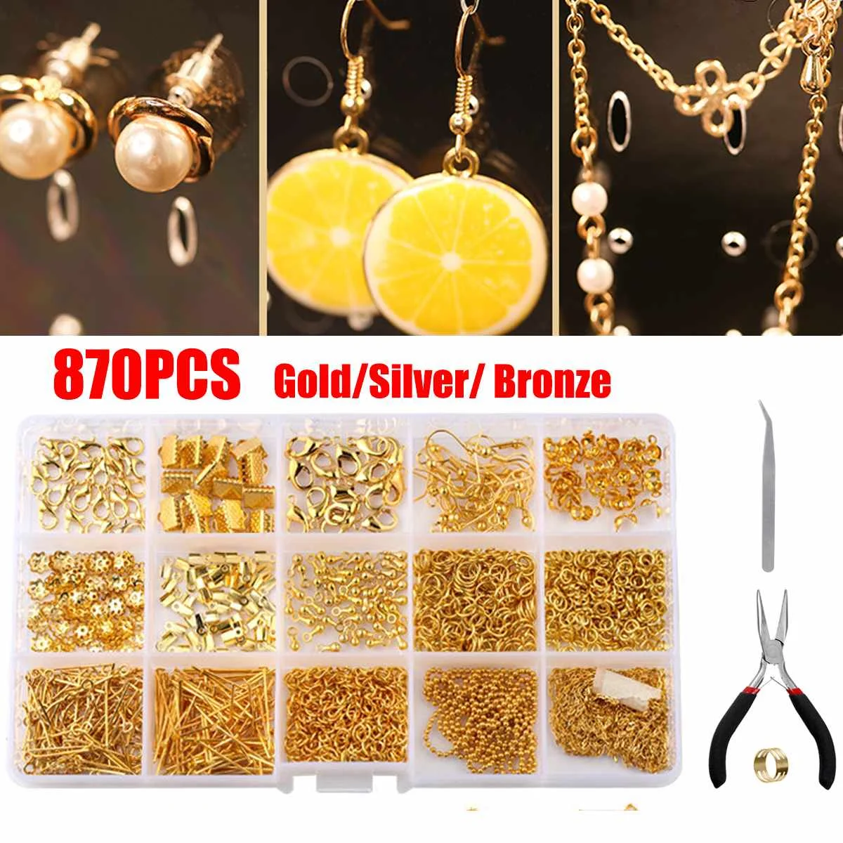 

870pcs/box Jewelry Findings Set Jewelry Making Tools Open Jump Rings Earring Hook Lobster Clasps For DIY Jewelry Making Supplies