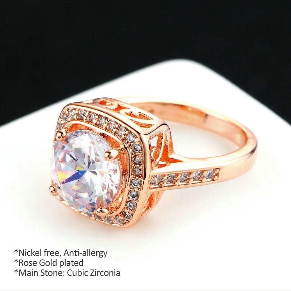 Женское кольцо с большим кристаллом свадебное цвета розового золота в рамке