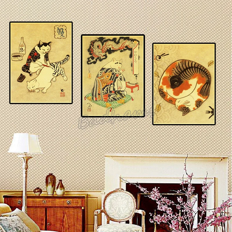 ВИНТАЖНЫЙ ПЛАКАТ из крафт-бумаги японская Татуировка самурая кошка картина Hd