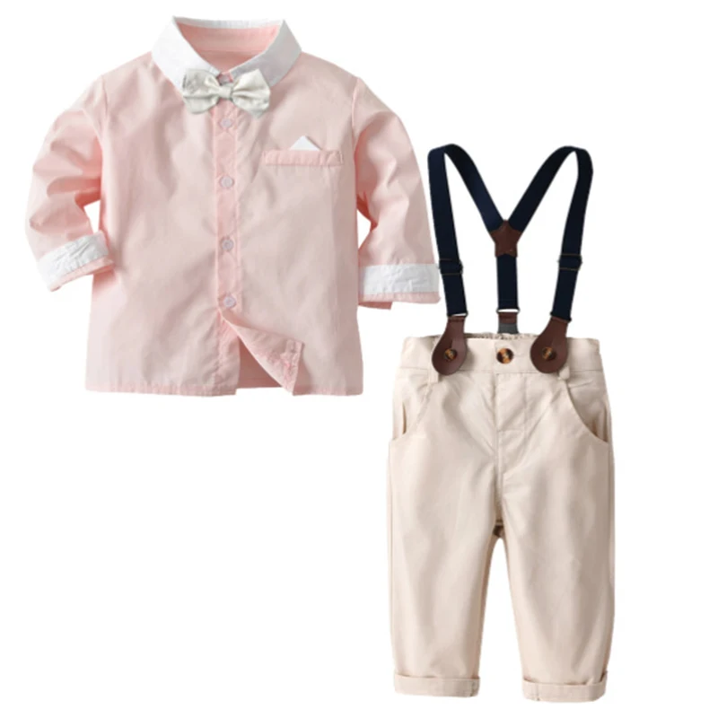 

Baby Boy Clothing Set Dress Suit Gentleman Pink Shirt With Bow Tie+Pants Party wedding Handsome Kid Clothing For Boys Clothes