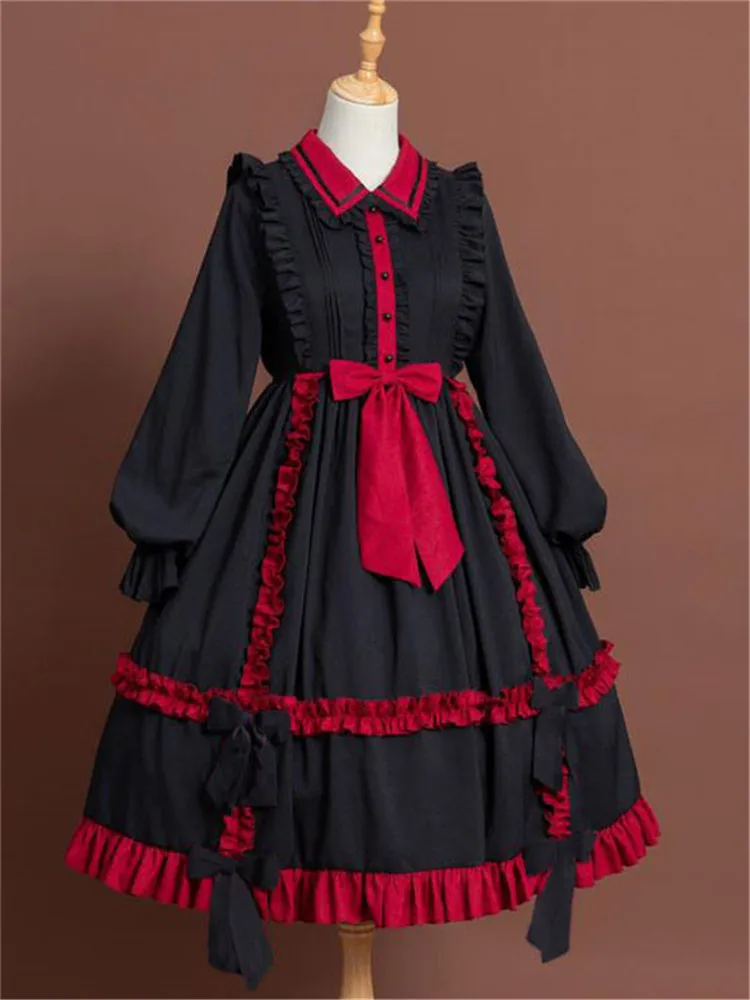 

Classic Lolita One Piece Dress Black and Red Lolita Dresses with Bow and Ruffled Hem