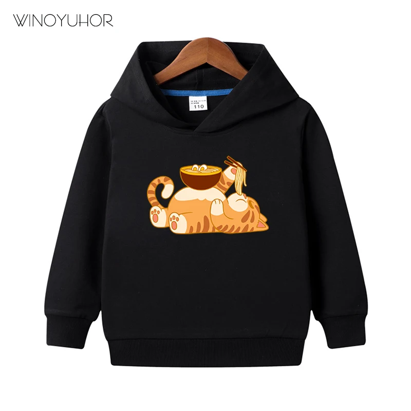 

Толстовка с капюшоном для мальчиков и девочек, детский пуловер оверсайз с рисунком кошки и съедобной лапши, уличная одежда в стиле Харадзюку