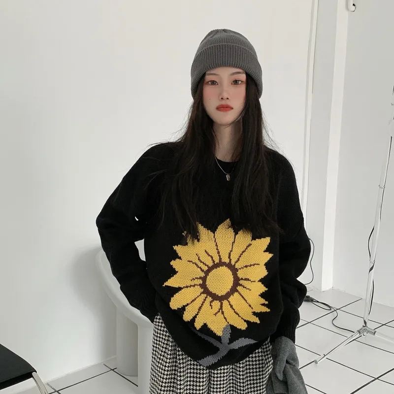 

retro chic sweet sunflower print women's sweater loose oversize lazy style thicken pullovers 2021 new spring jumpers for ladies