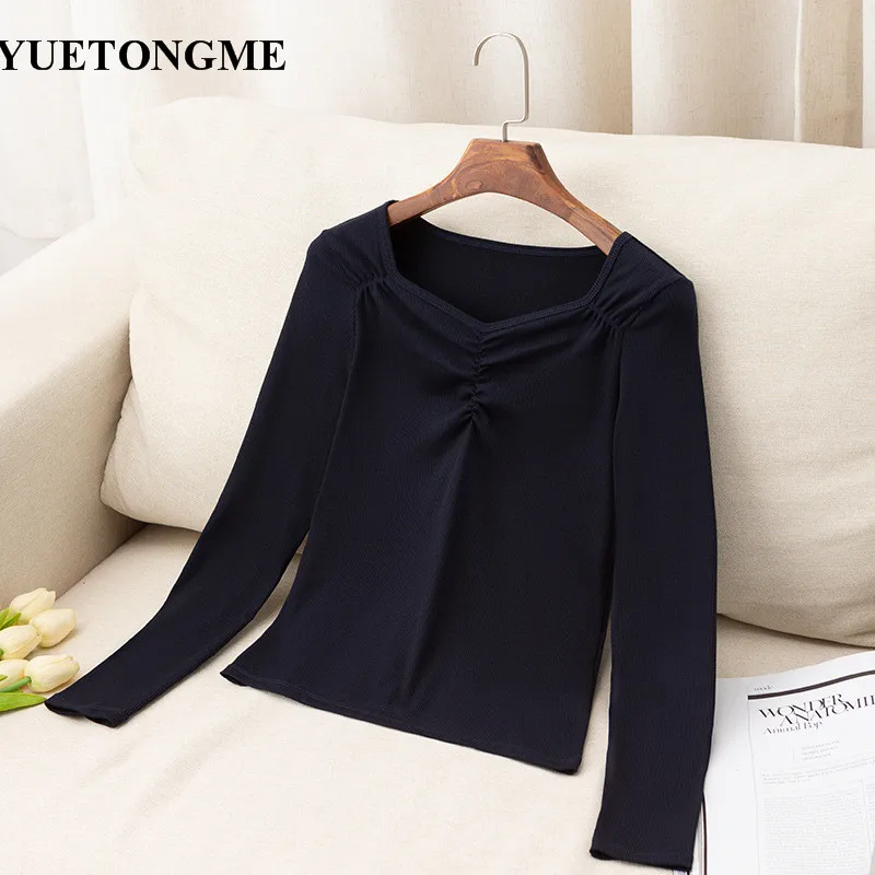 Весенняя Новая модная женская футболка с квадратным вырезом плиссированная