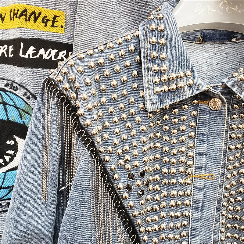 

2021 Spring Autumn New Rivets Tassel Denim Jacket Women's Short Loose Jacket Korean Style Retro Long Sleeve Jeans Coats