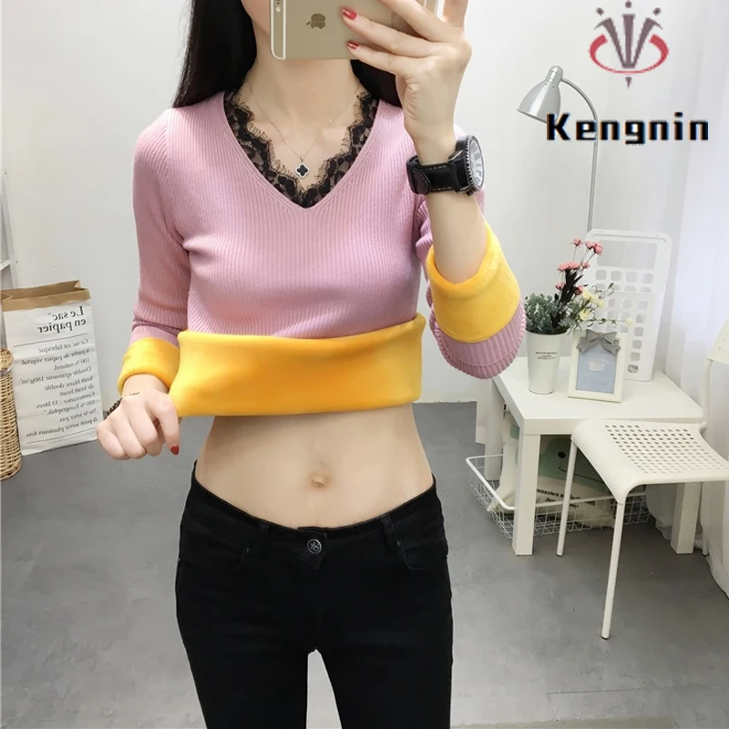 

Velvet Sweaters Women Thick Autumn Winter Warm Lady Pullovers Lace Patchwork V-Neck Knitted Black T-Shirt Long Sleeve Top KE2125