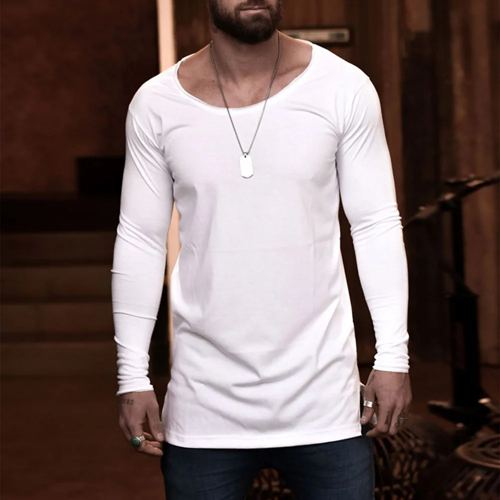

Autumn New 2021 Europe America Long Sleeve Round Neck T-shirt Printing Split Fork Fashion Casual Simplicity Men's Solid Color