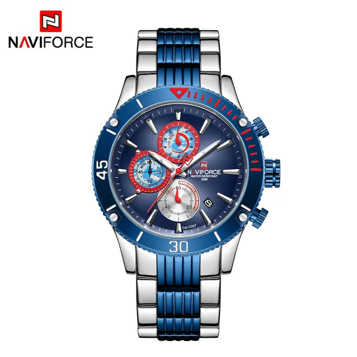 SILVER BLUE Роскошные брендовые кварцевые часы NAVIFORCE, водонепроницаемые модные спортивные часы с хронографом, ремешок из нержавеющей стали, военные армейские наручные часы - Цвет: SILVER BLUE