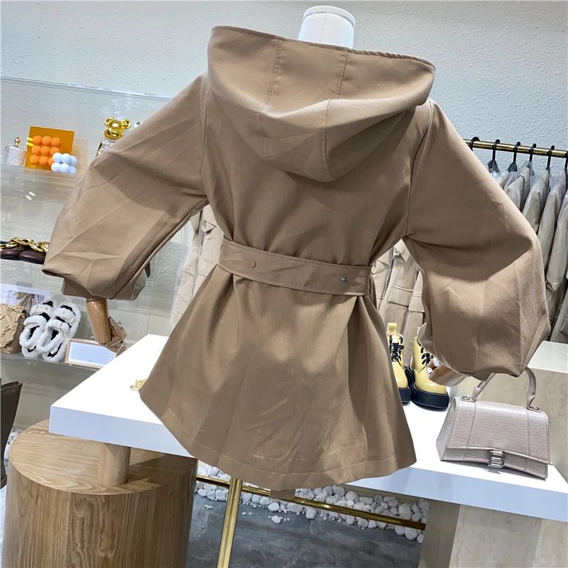 

2021 Hooded Waist Slim British Style Coat Femininity Sweet Goddess Fan Lantern Sleeve Foreign Style Windbreaker