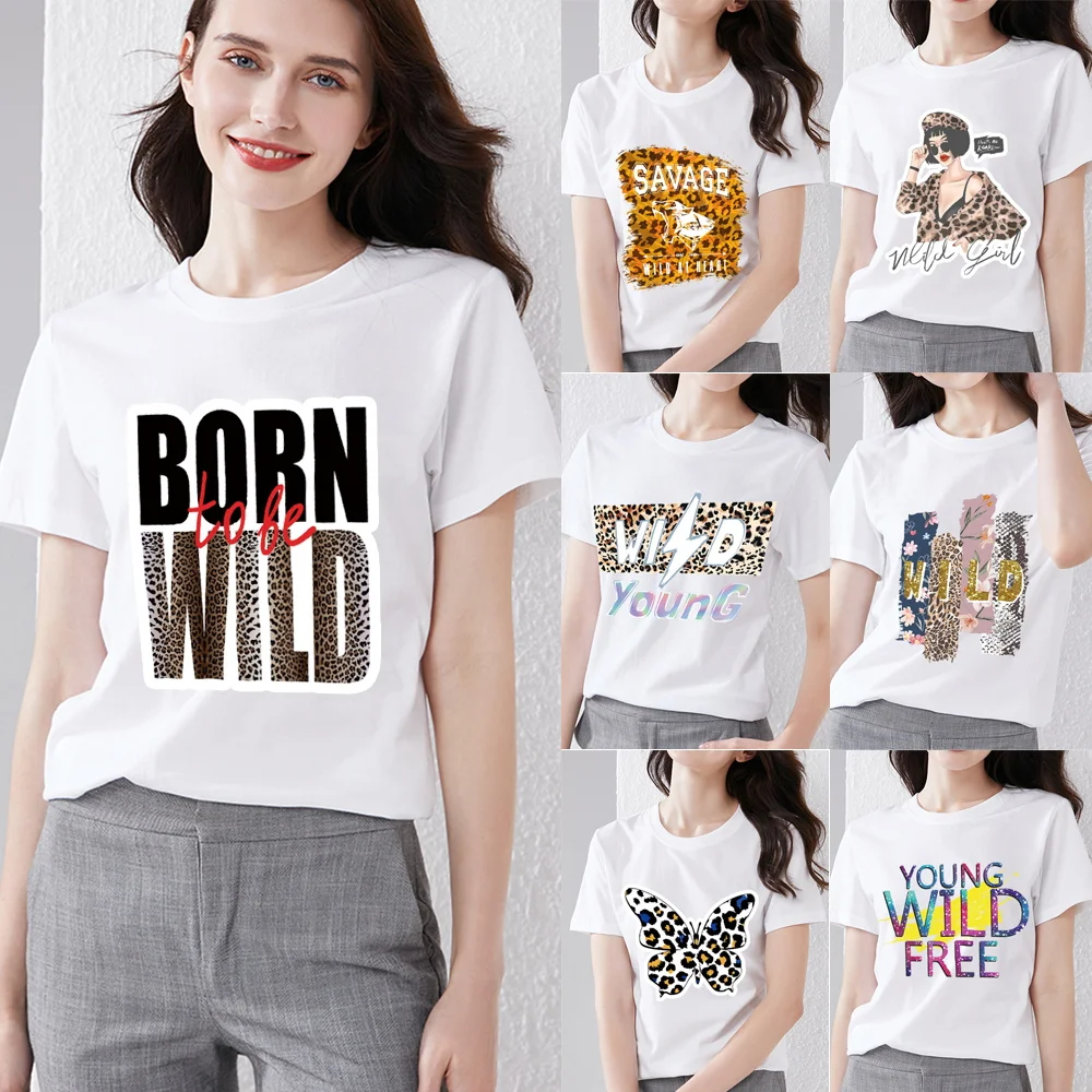 

Womens Trendy T-shirt New Summer Street Fashion Letter Leopard Print Series Top Round Neck Short Sleeve Ladies Soft T-shirt