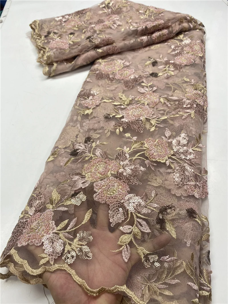 

African Beaded Lace Fabric 2020 High Quality Handmade Lace French Nigerian Beads Embroidered Tulle Lace Fabrics Sewing NI4377-4