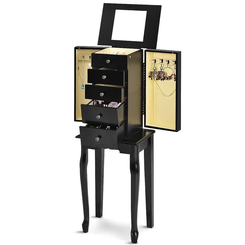 

High Quality Black White Armoire Storage Standing Mirror Jewelry Cabinet Sturdy MDF Frame 4 Different Drawers 8 Hooks HW56419