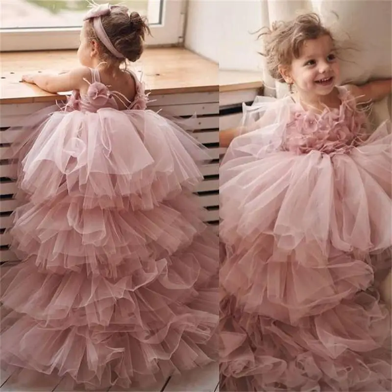 

2021 Blush Pink Hi-Lo Flower Girl Dresses Hand Made Flowers Tulle Lilttle Kids Birthday Pageant Wedding Gowns