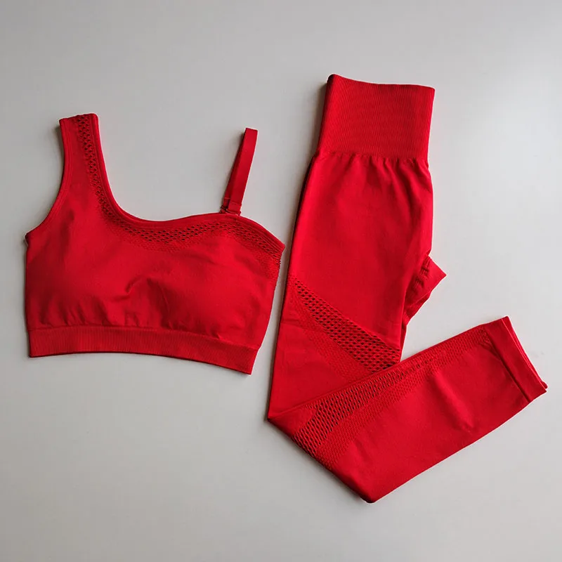 Hollow Out Yoga Set Women Fitness Clothing Sportswear Woman Gym Leggings + Padded Push-up Strappy Sports Bra Fitness Suit