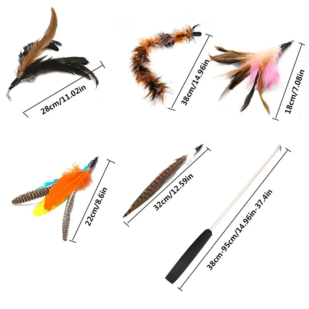 

6pcs Pet Cat Toy Fishing Rod Retractable Feathers Funny Cat Pole with Five Replacement Head Pet Interactive Toys for Cats Kitten