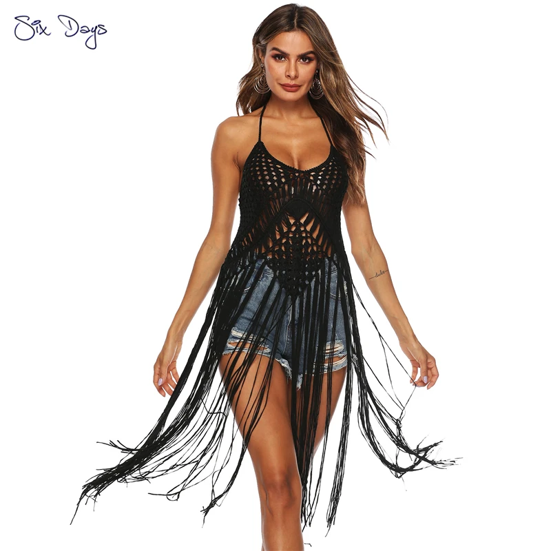 Boho Sexy Women's Swimwear 2021 Summer Beach Bikini Cover Up Hollow Out Crochet Tassels Robe Girl Beachwear Lace Up Tunic Tops