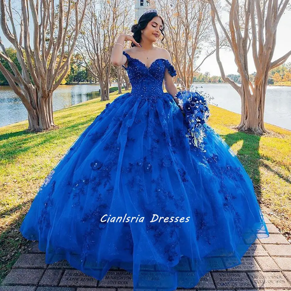 

Бальное платье ручной работы, бальное платье с цветочной аппликацией и открытыми плечами, синее платье с бисером и кристаллами, 15 лет