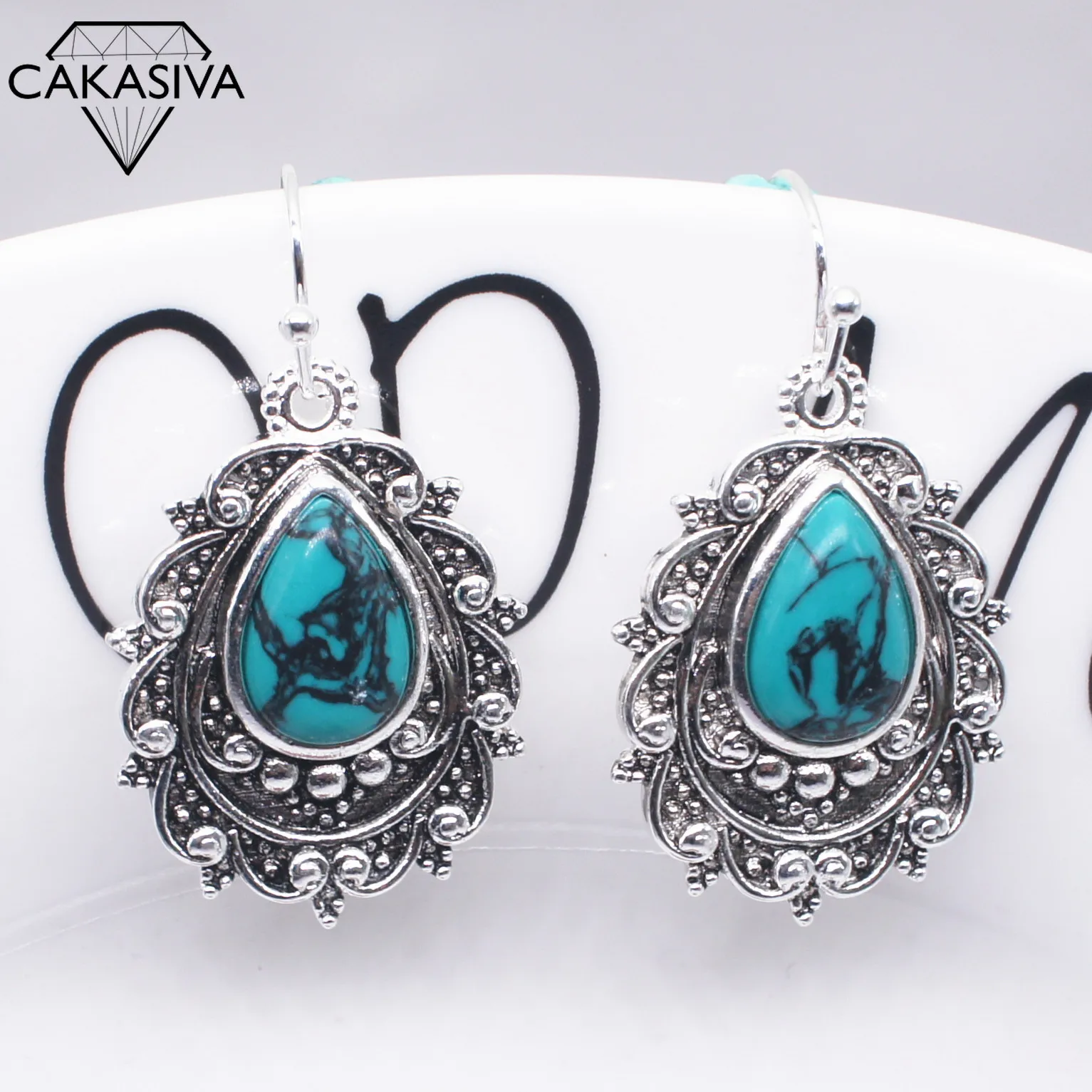 

Vintage S925 Silver Earrings Inlaid with Turquoise Water Drop Pear Shaped Earrings for women Festival Birthday Gift