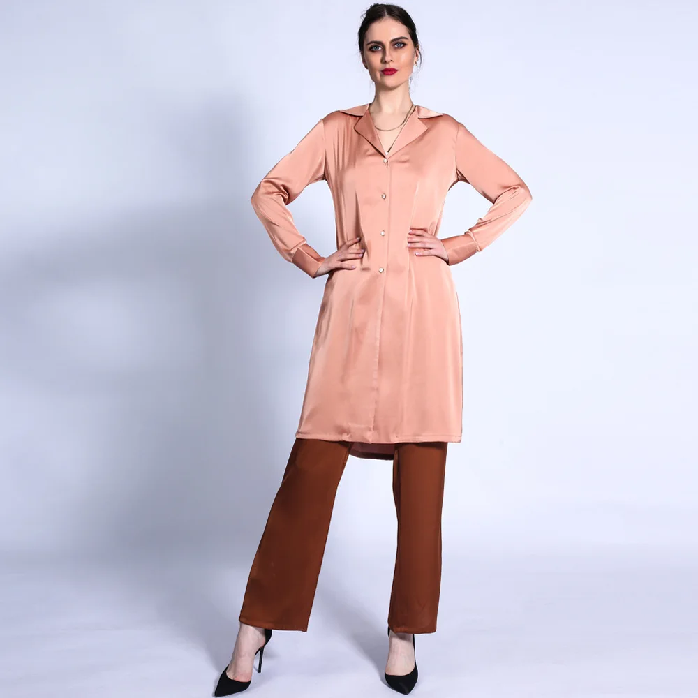 Free Shipping Muslim Women Fashion 2 Pieces  Autumn Long Trousers Satin Ensembles Color Abayas Collar Kaftan Full Cover Suits