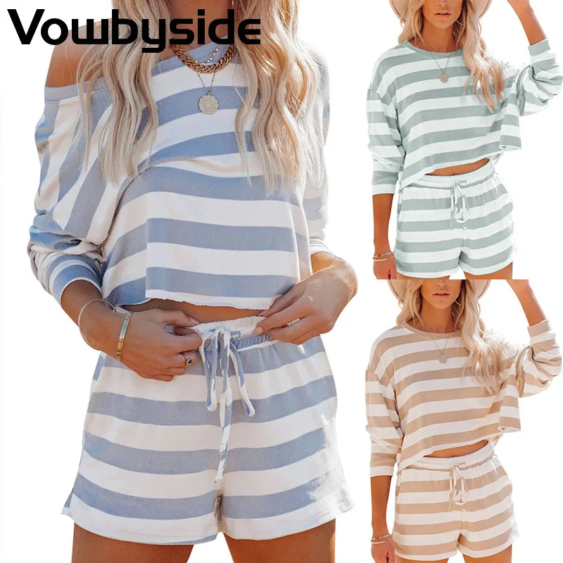 

Spring and Summer New Women's Sets Casual Fashion Striped Round Neck Long Sleeved T-shirt Lace Up Shorts Two-piece Suit