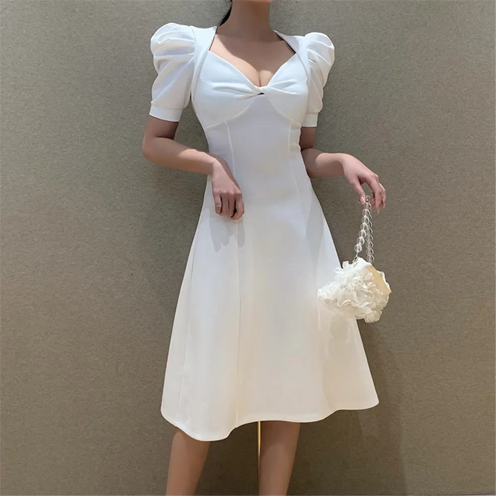 

Summer Women Vintage Puff Short Sleeve Dress Fashion Solid Color V-Neck High Waist Mid-Length Dress Evening Party White Black