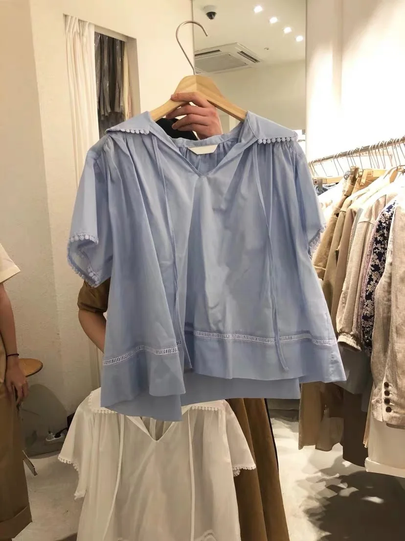 

COIGARSAM Cute Short Sleeve Shirt Womens tops Solid Peter pan Collar Belt Women shirts Apricot White Blue 2530