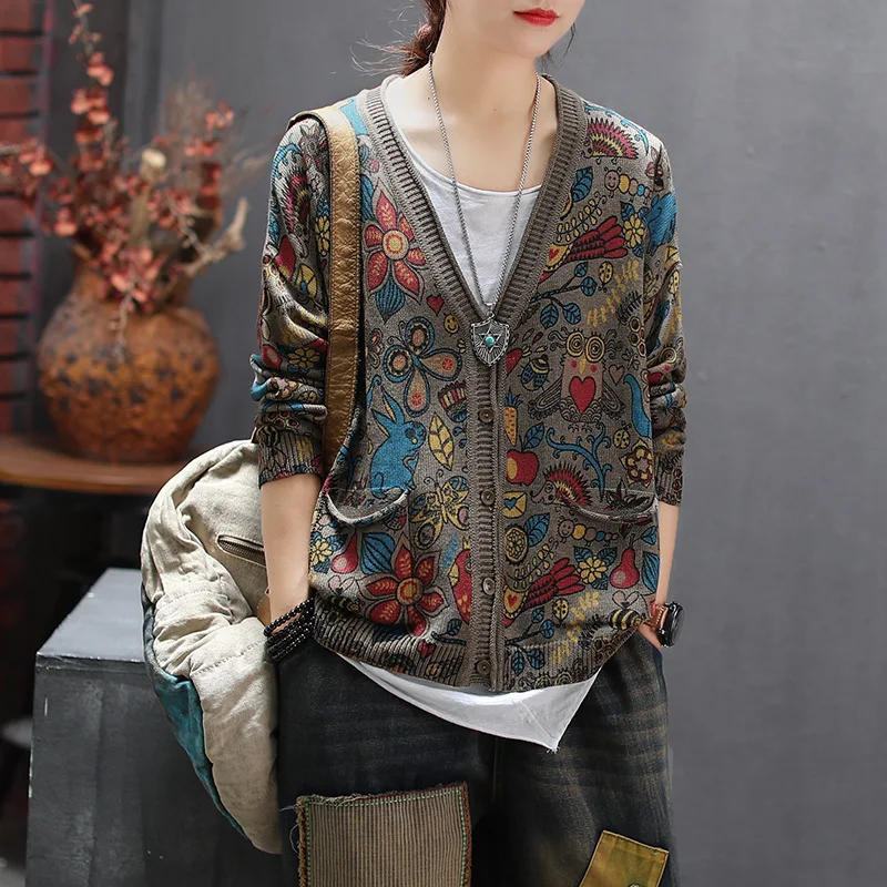 Вязаный кардиган для женщин Свободный длинный рукав с принтом | Женская одежда