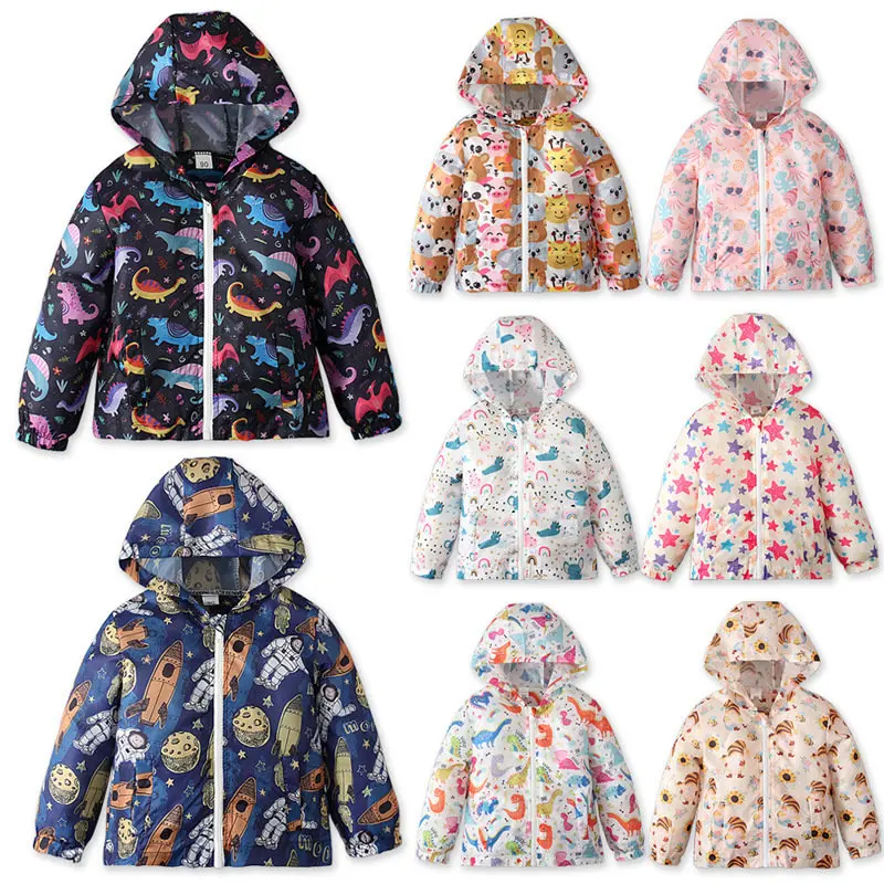 

Куртка Детская тонкая с капюшоном, ветровка с принтом динозавров/астронавтов, топ для мальчиков и девочек, на осень-лето