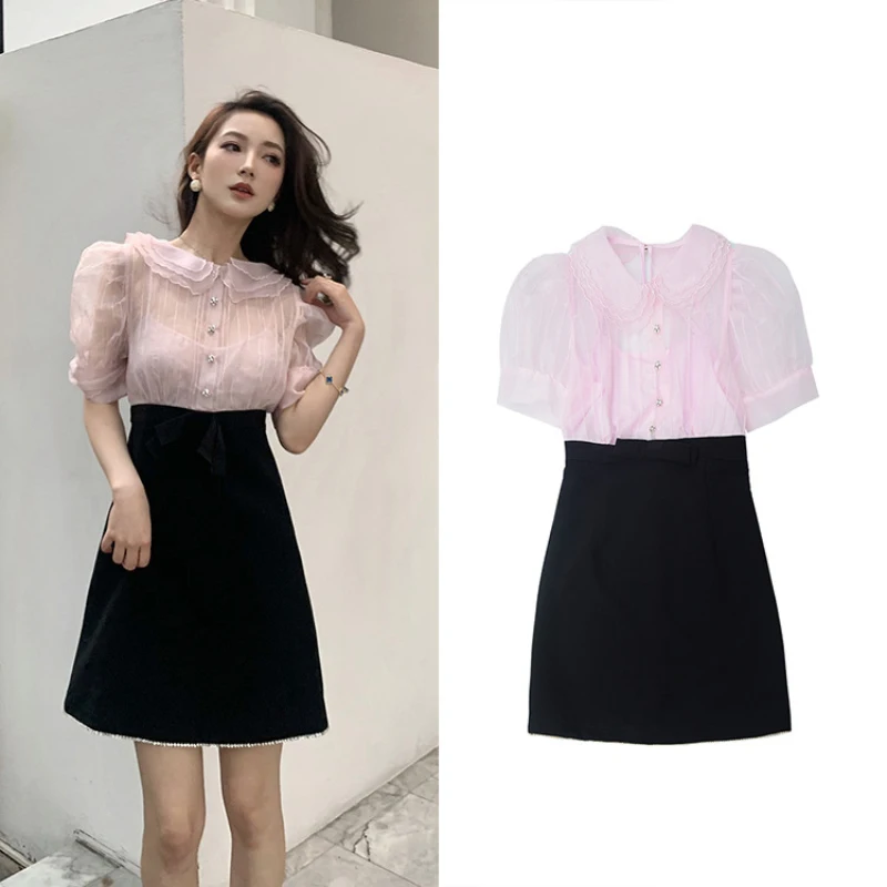 

Women Sweet Summer Mesh Dress 2020 Korean TV Star Party Princess Patchwork Mini Dress Lady Elegant Dresses Vestidos Robe Femme