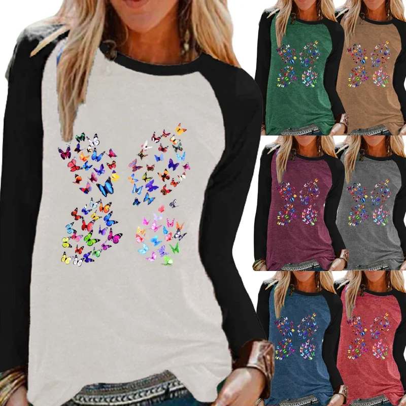 

Fashion Ladies Autumn Casual Long Sleeve Butterfly Print Round Neck Loose Contrasting Top T-shirt Pullover Oversized Sweatshirt
