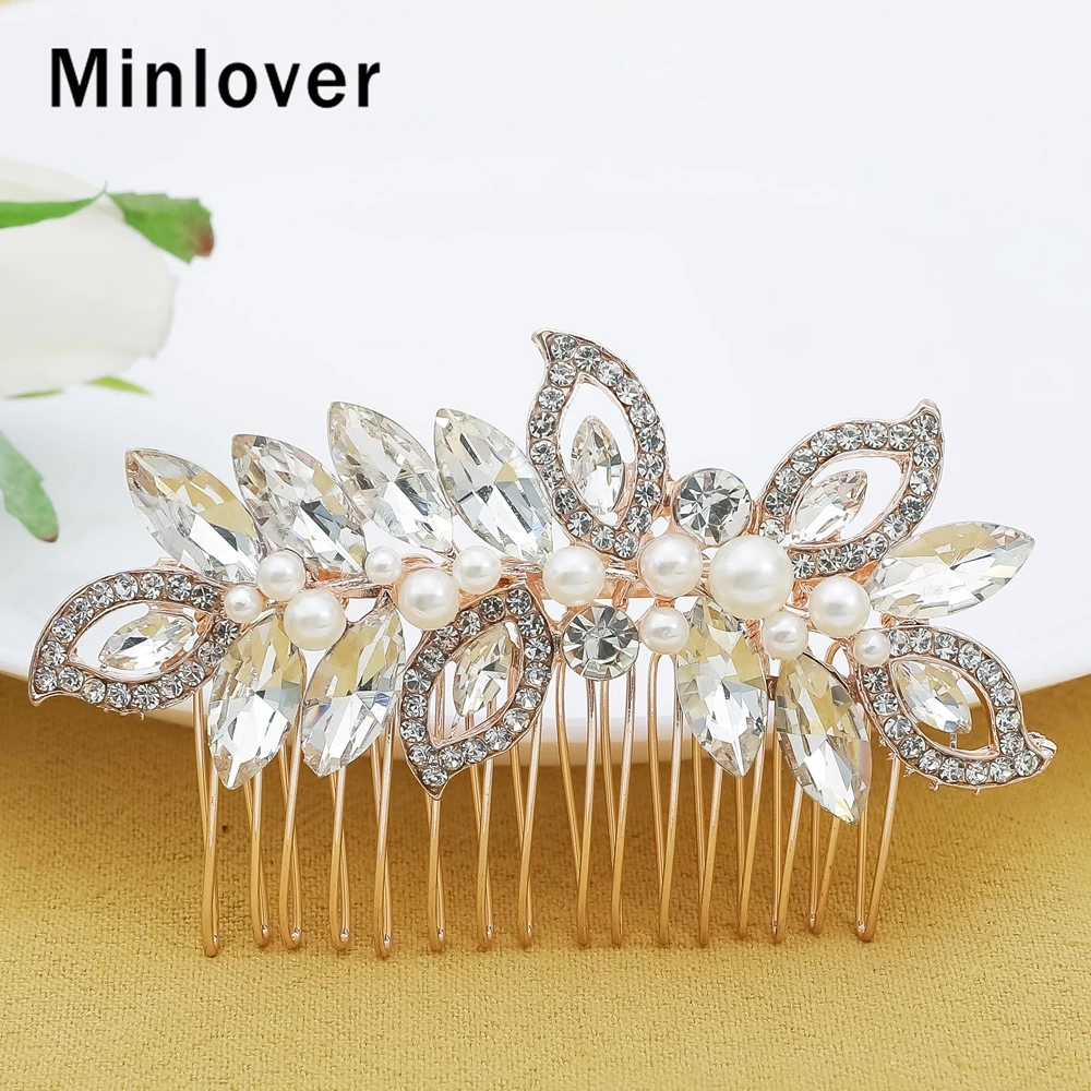 Женский гребень для волос с жемчугом и листьями розового золота