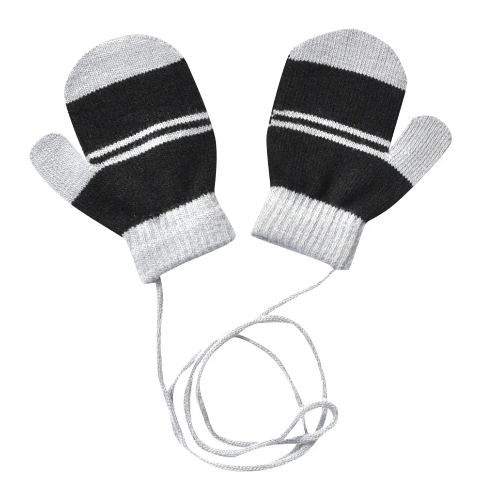 Зимние теплые Разноцветные полосатые вязаные милые перчатки с веревочками для