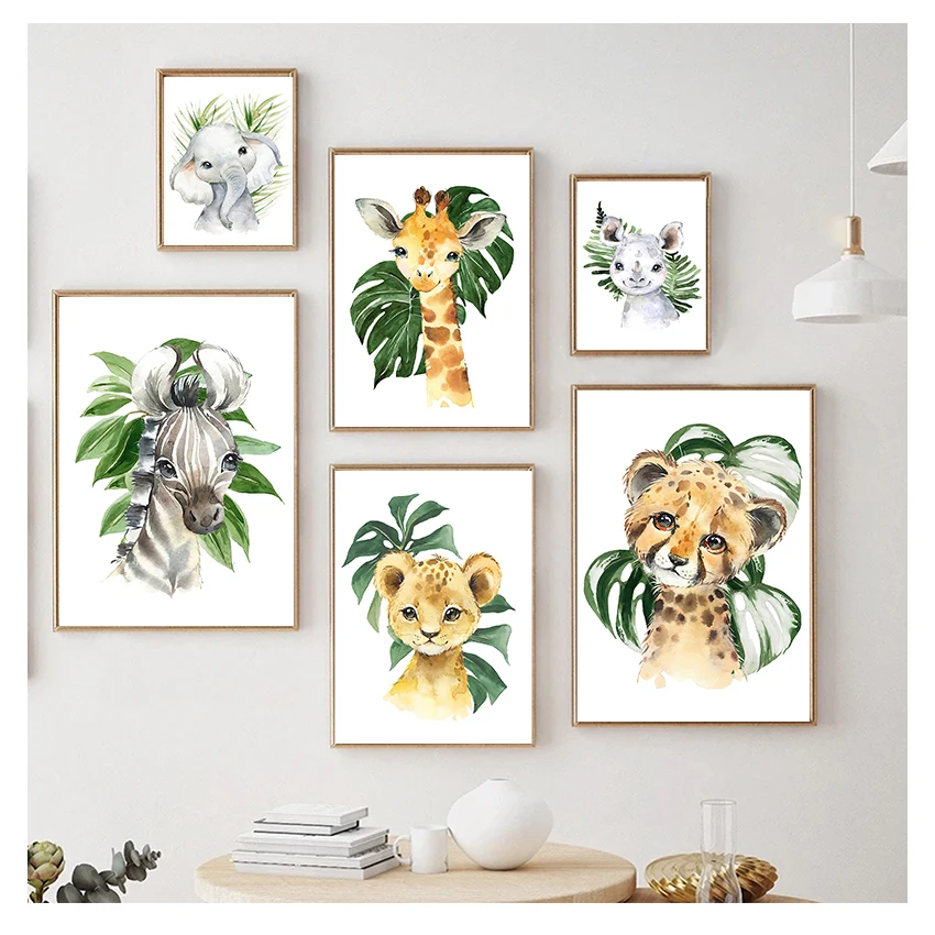 

Настенная Картина на холсте с листьями, скандинавские постеры и принты, декор детской комнаты, детский жираф, тигр, лошадь, Рино