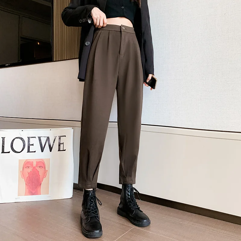 

Korean Fashion Autumn Winter Casual Women's Pants Brown Loose High Waist Harem Pants Women Woolen Black 2021 Street Woman Pants