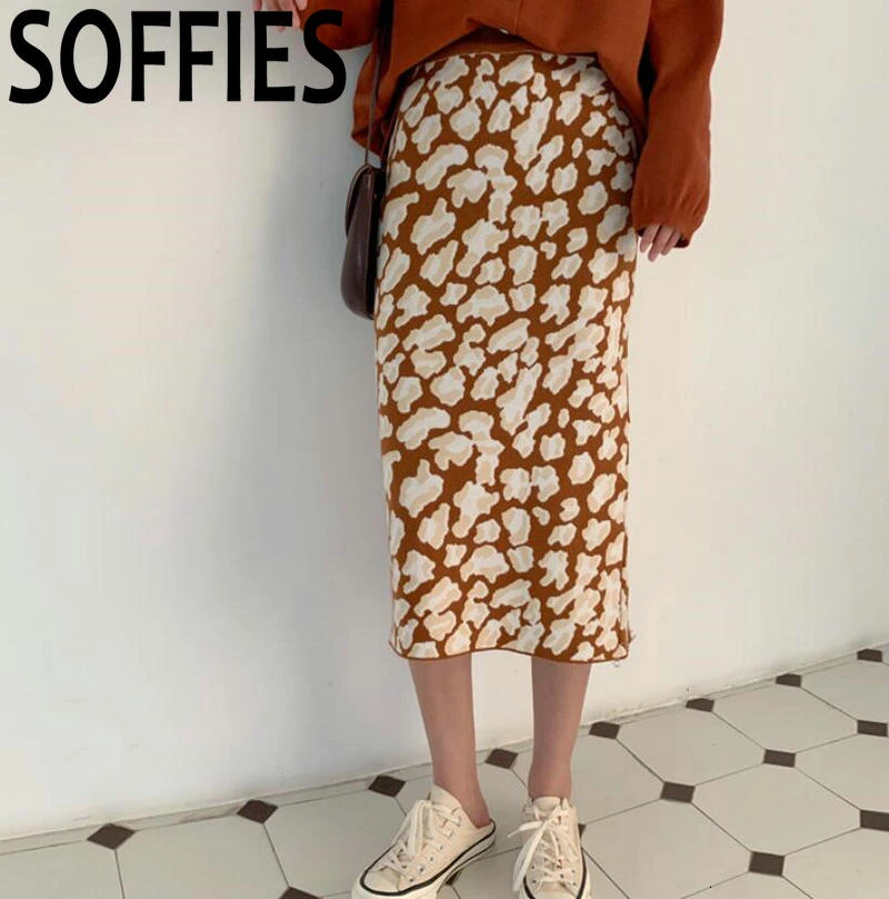 2019 зимние женские длинные вязаные юбки леопардовые прямые с высокой талией